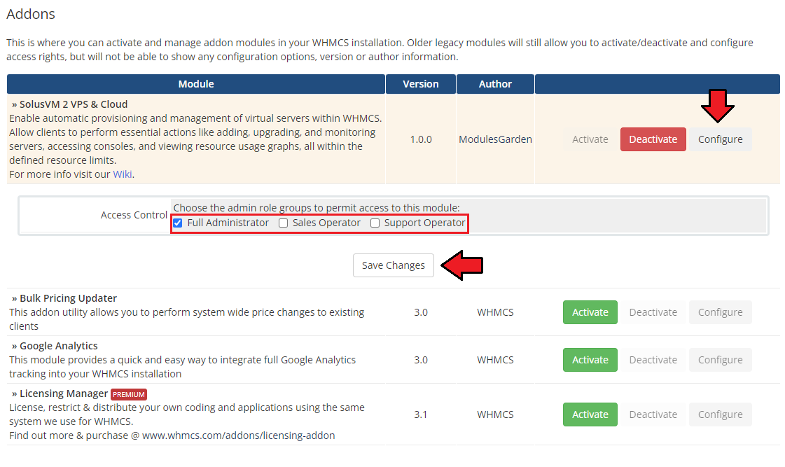 SolusVM 2 VPS And Cloud For WHMCS: addon Configure panel with Full Administrator ticked and the Save Changes button