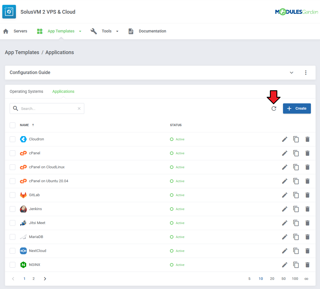 SolusVM 2 VPS And Cloud For WHMCS: addon App Templates list of applications with the refresh button