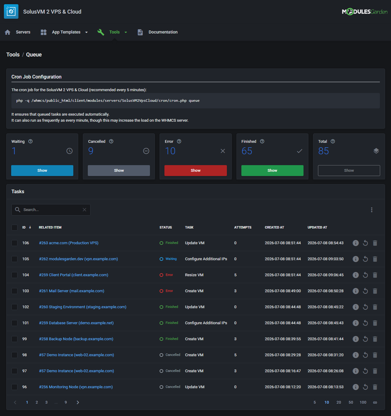 SolusVM 2 VPS And Cloud For WHMCS: addon Queue page in dark theme with cron command, counters and task list