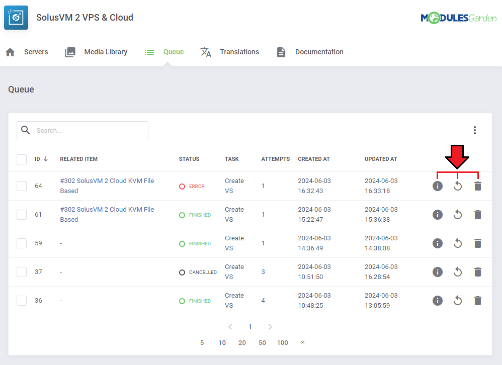 SolusVM 2 VPS And Cloud For WHMCS: addon Queue tasks table with details, retry and delete icons