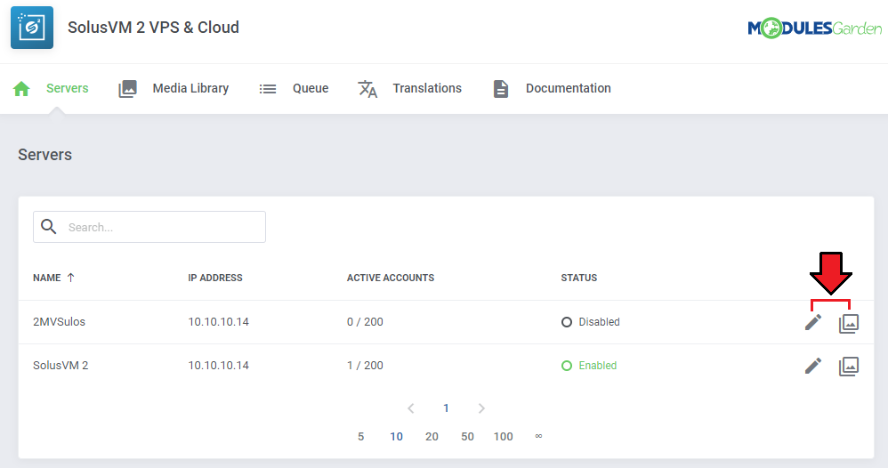 SolusVM 2 VPS And Cloud For WHMCS: addon Servers list with IP address, active accounts, status and action icons