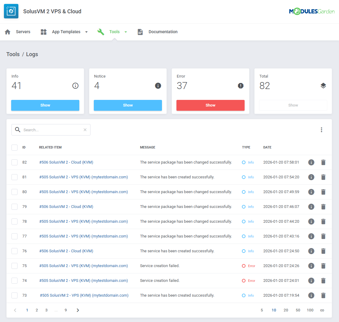 SolusVM 2 VPS And Cloud For WHMCS: addon Logs page with Info, Notice and Error counters and log entries