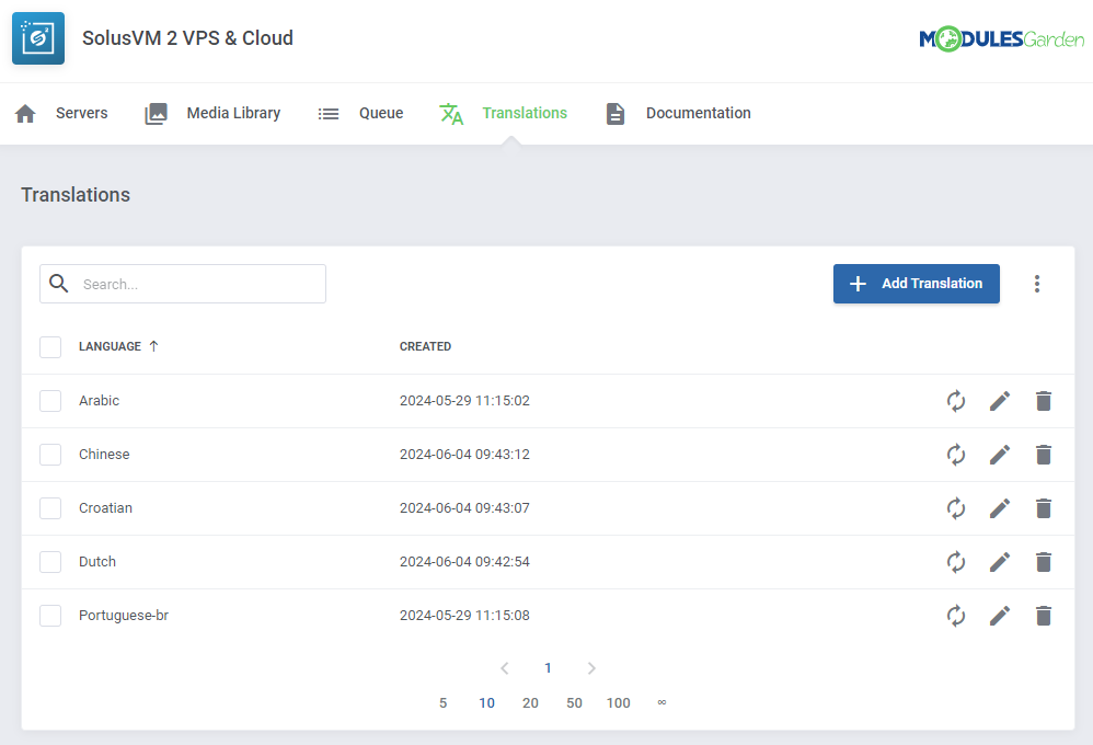 SolusVM 2 VPS And Cloud For WHMCS: addon Translations list with the Add Translation button and language rows