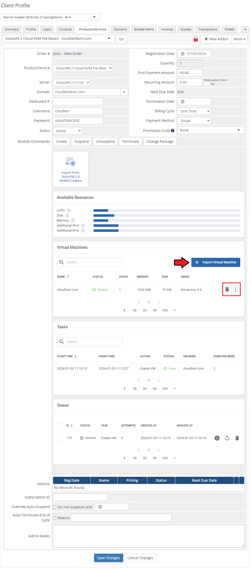 SolusVM 2 VPS And Cloud For WHMCS: admin Cloud product page with Available Resources, Virtual Machines and Queue