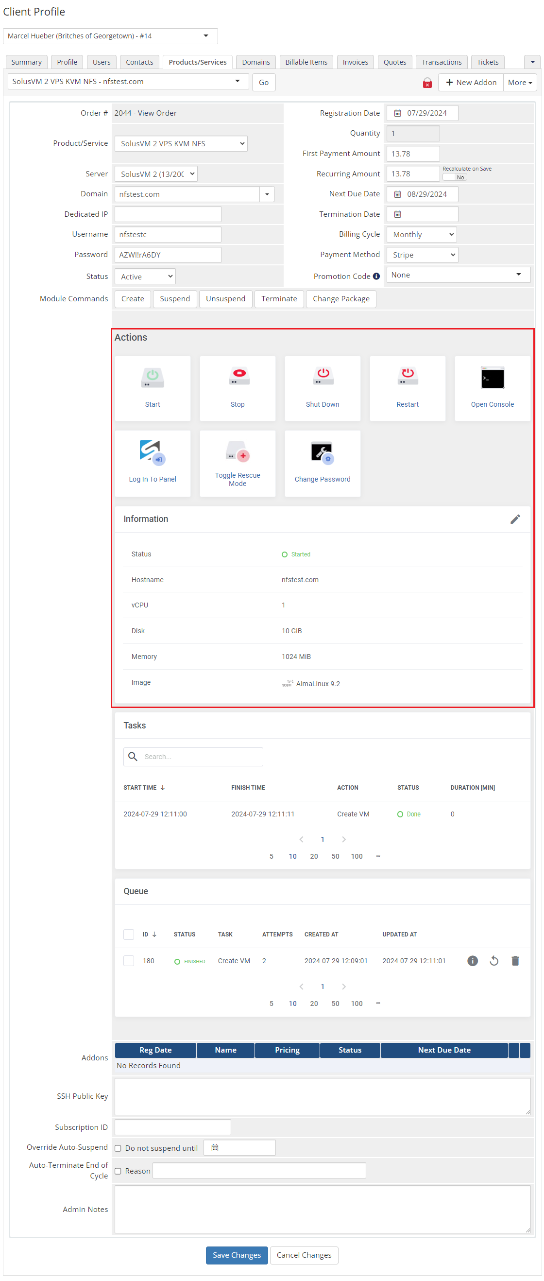 SolusVM 2 VPS And Cloud For WHMCS: admin VPS product page with Actions, Information, Tasks and Queue tables