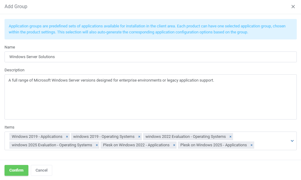 SolusVM 2 VPS And Cloud For WHMCS: Add Group dialog with name, description and items fields for an application template
