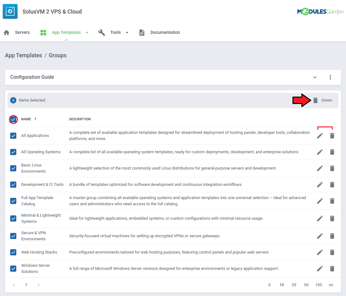 SolusVM 2 VPS And Cloud For WHMCS: App Templates Groups list with all groups selected and the mass Delete action