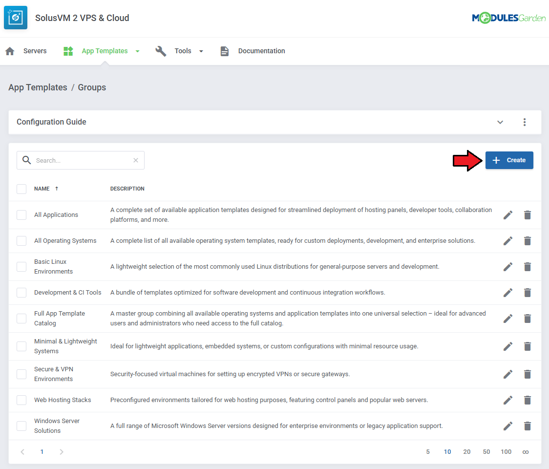 SolusVM 2 VPS And Cloud For WHMCS: App Templates Groups page with the list of groups and the Create button