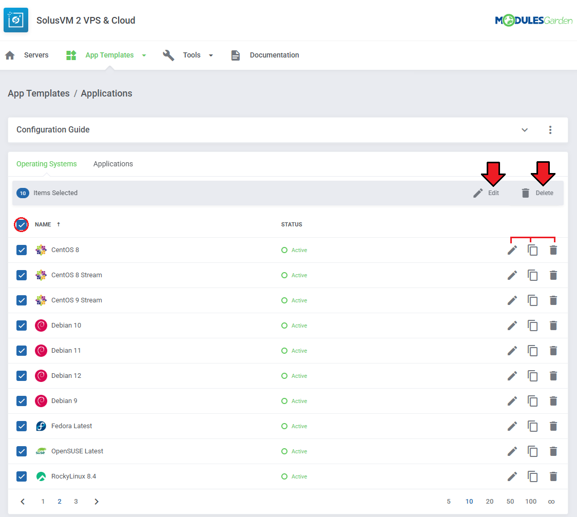 SolusVM 2 VPS And Cloud For WHMCS: App Templates list with all templates selected and the mass Edit and Delete actions