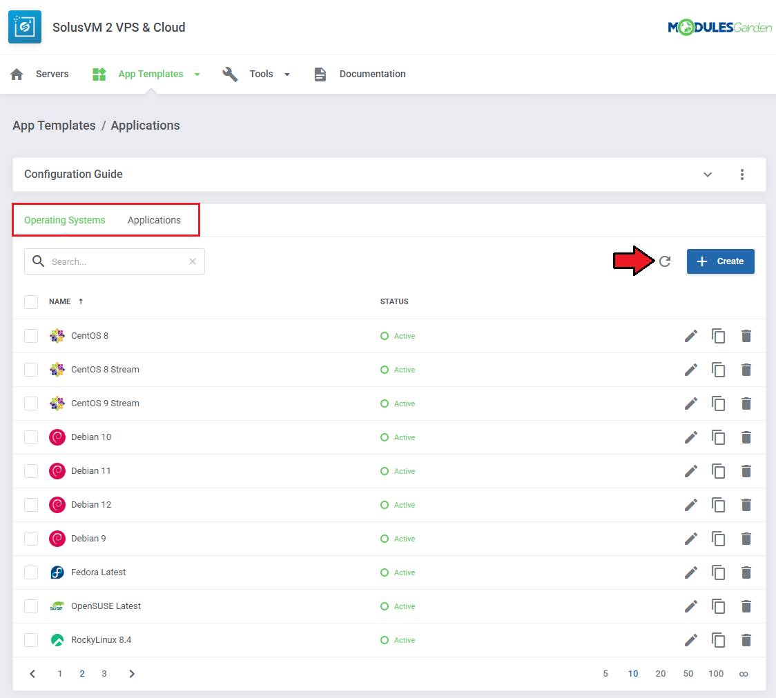 SolusVM 2 VPS And Cloud For WHMCS: App Templates page with Operating Systems and Applications tabs and refresh icon
