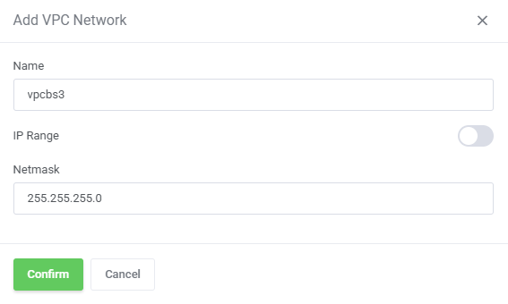 SolusVM 2 VPS And Cloud For WHMCS: client area Add VPC Network dialog with name, IP range, netmask and Confirm