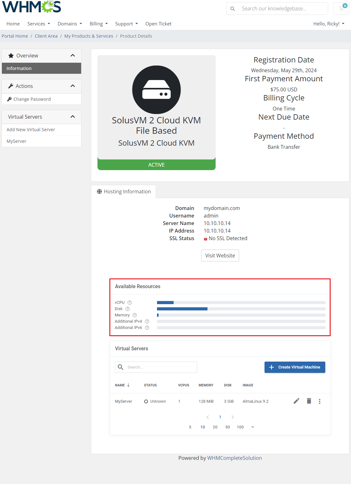 SolusVM 2 VPS And Cloud For WHMCS: client area Cloud page with the Available Resources panel highlighted