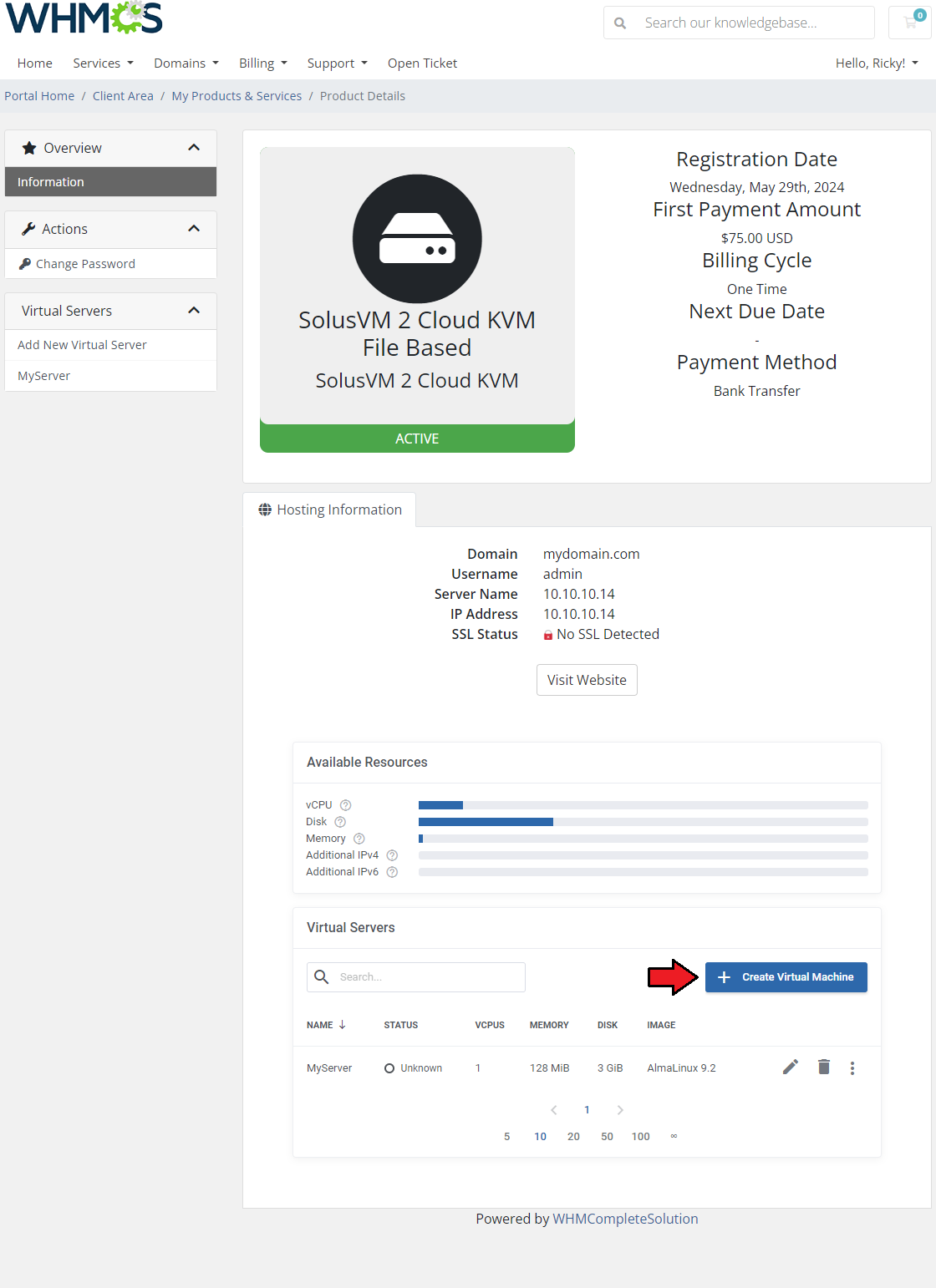 SolusVM 2 VPS And Cloud For WHMCS: client area Cloud server list with the Create Virtual Machine button