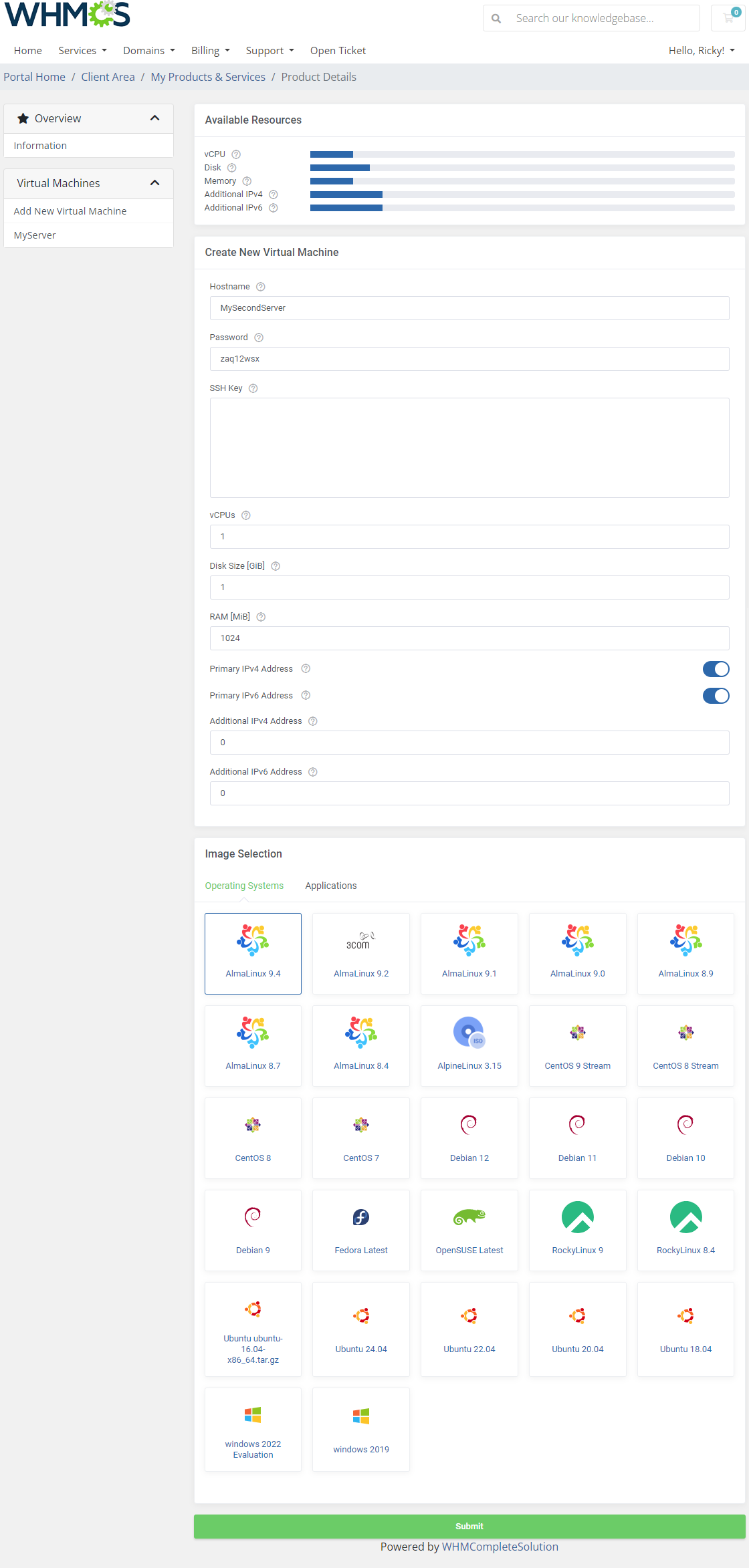 SolusVM 2 VPS And Cloud For WHMCS: client area Create New Virtual Machine form with image selection and Submit
