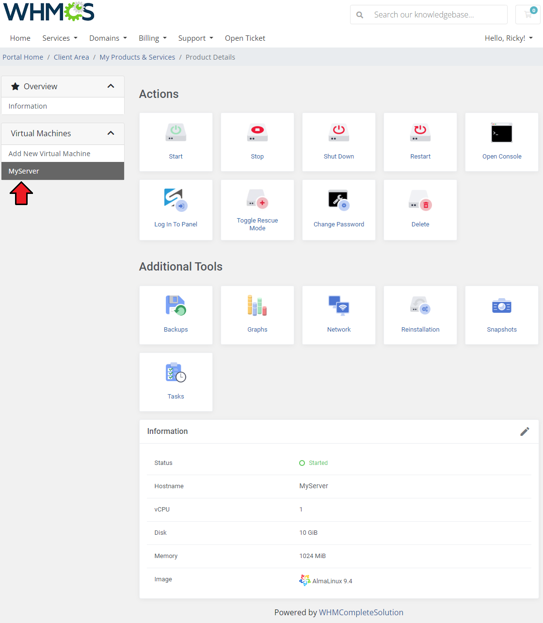 SolusVM 2 VPS And Cloud For WHMCS: client area Cloud virtual machine page with Actions and Additional Tools