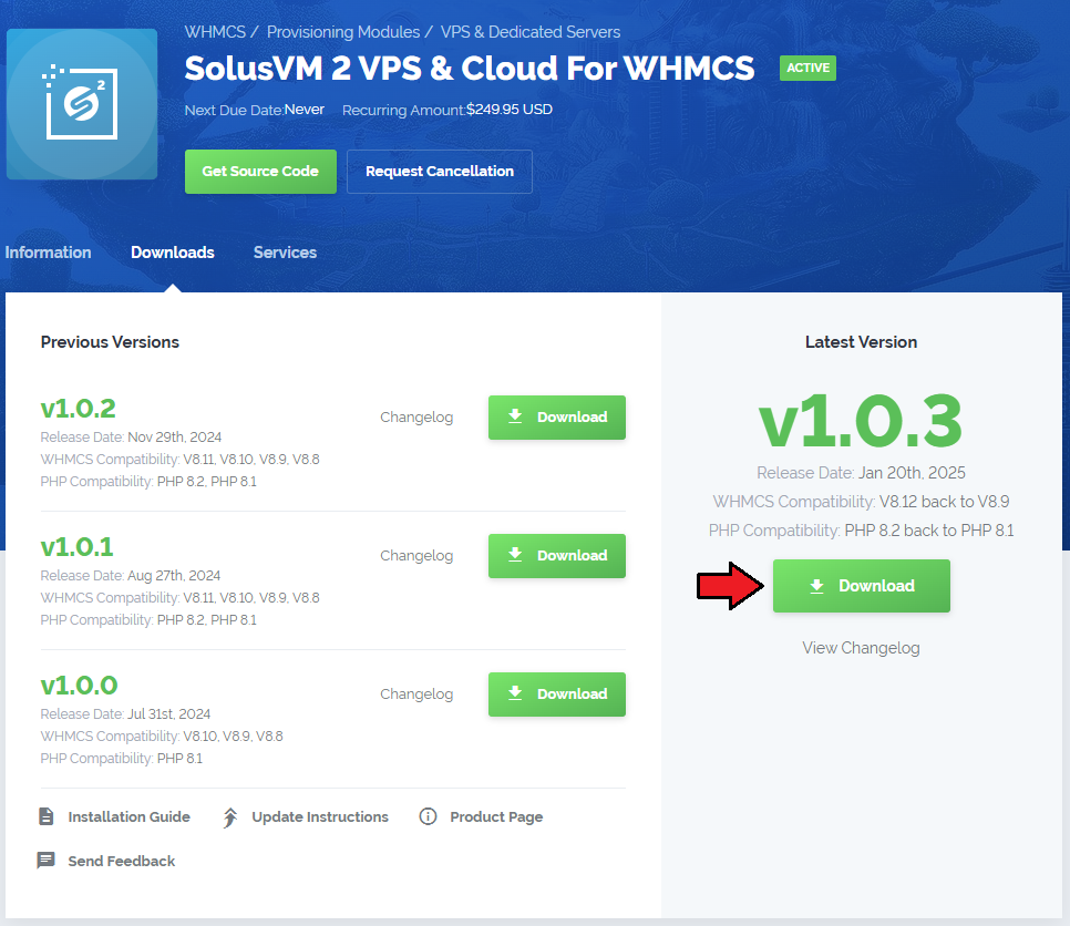 SolusVM 2 VPS And Cloud For WHMCS: the client area Downloads tab with the Download button for the latest module version