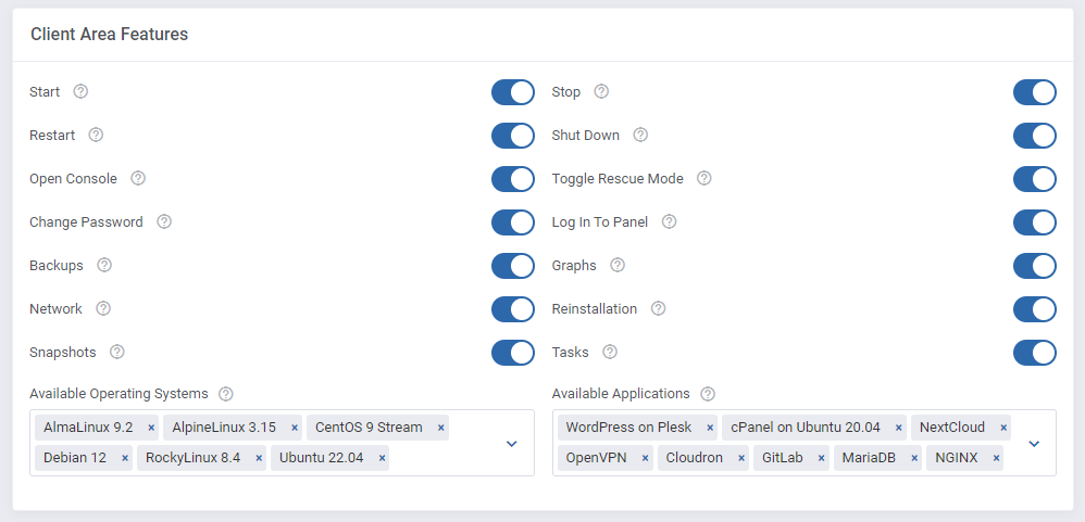 SolusVM 2 VPS And Cloud For WHMCS: Client Area Features section with action switches and available systems and apps