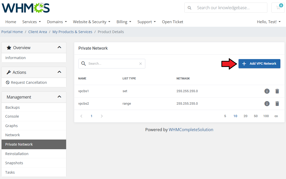 SolusVM 2 VPS And Cloud For WHMCS: client area Private Network tab with VPC list and Add VPC Network button