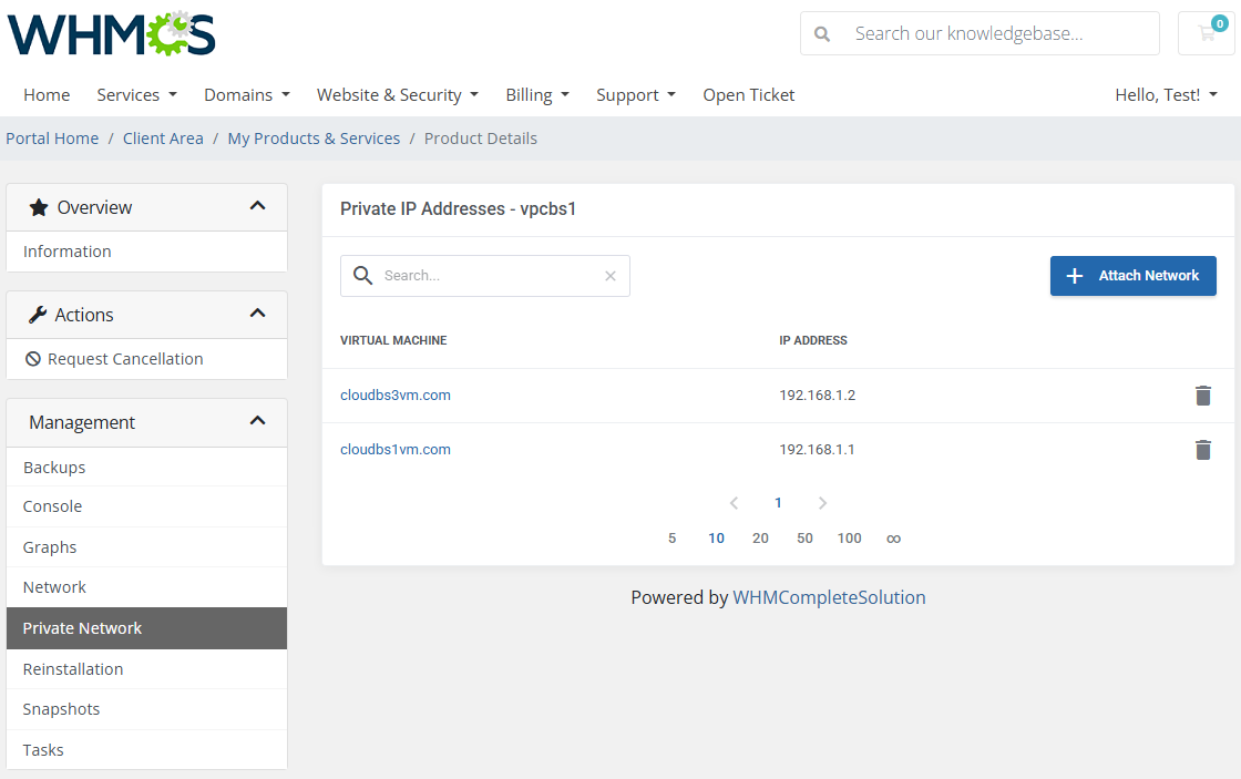 SolusVM 2 VPS And Cloud For WHMCS: client area private network details with attached machines and Attach Network