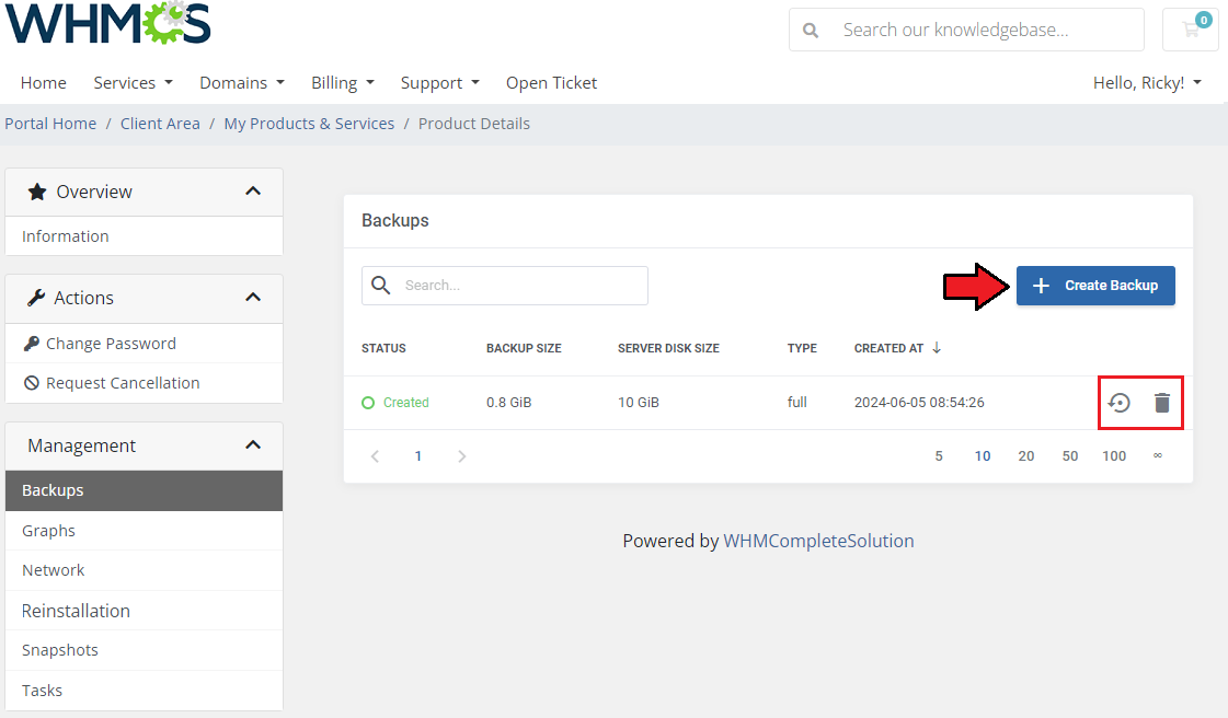 SolusVM 2 VPS And Cloud For WHMCS: client area Backups tab with Create Backup button and restore, delete icons