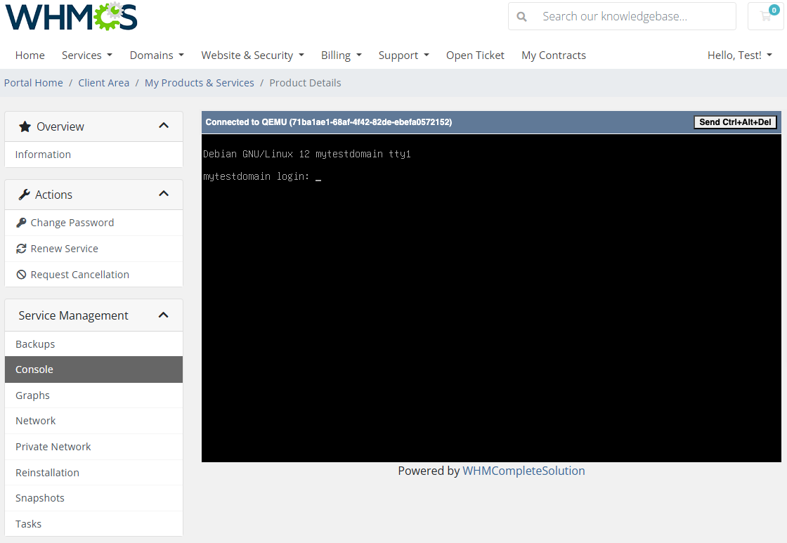 SolusVM 2 VPS And Cloud For WHMCS: client area Console tab with a Debian terminal login prompt