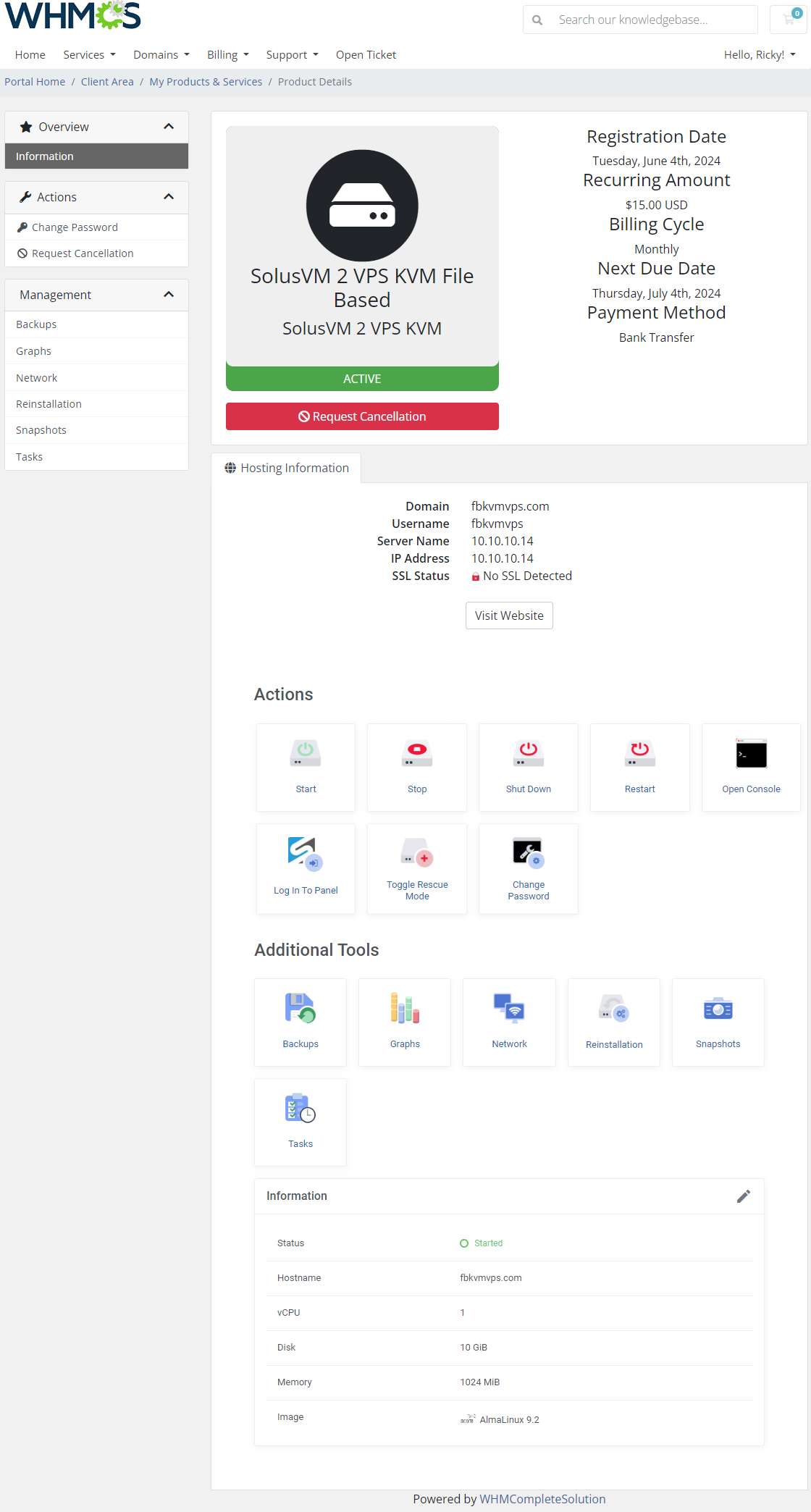 SolusVM 2 VPS And Cloud For WHMCS: client area VPS details with Actions, Additional Tools and Information table