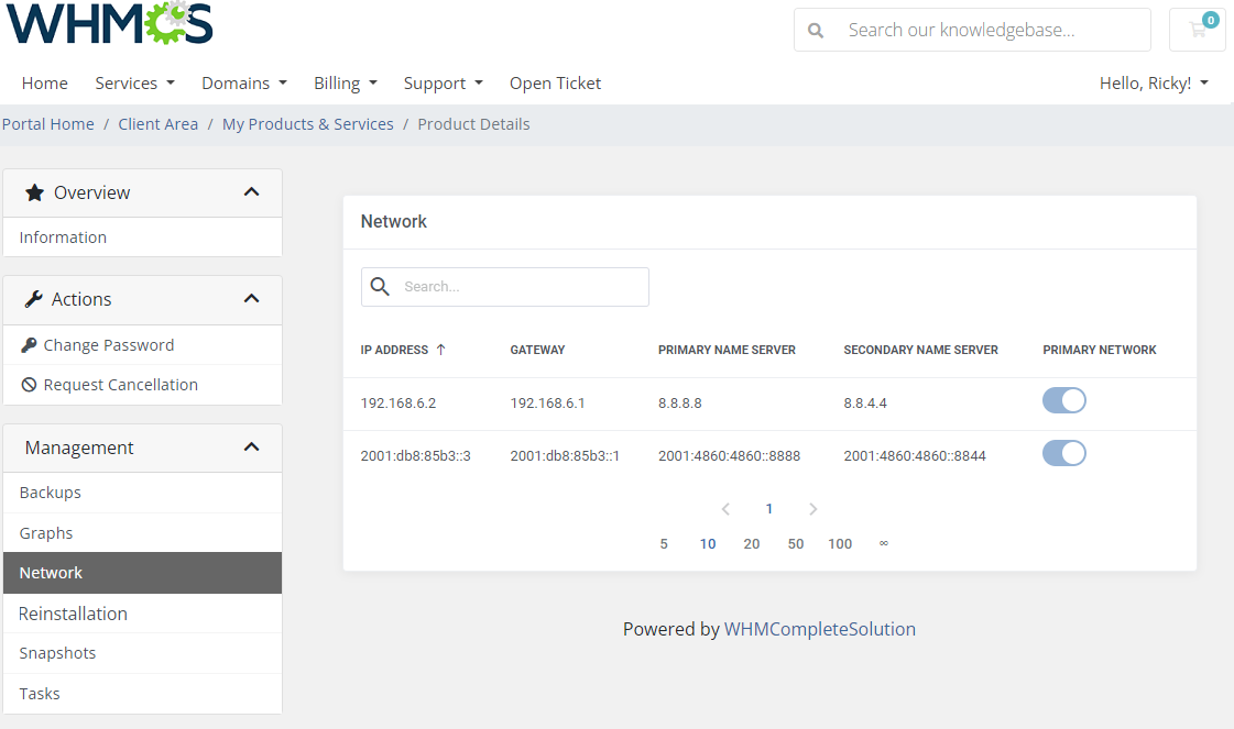 SolusVM 2 VPS And Cloud For WHMCS: client area Network tab with IP, gateway, name servers and primary switch