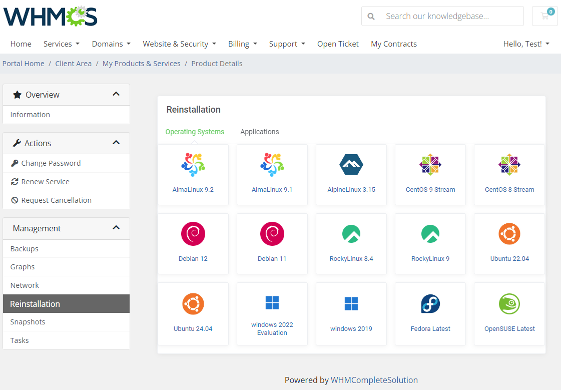 SolusVM 2 VPS And Cloud For WHMCS: client area Reinstallation tab with operating system icons to choose from