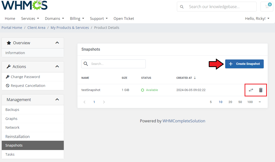 SolusVM 2 VPS And Cloud For WHMCS: client area Snapshots tab with Create Snapshot button and restore, delete icons