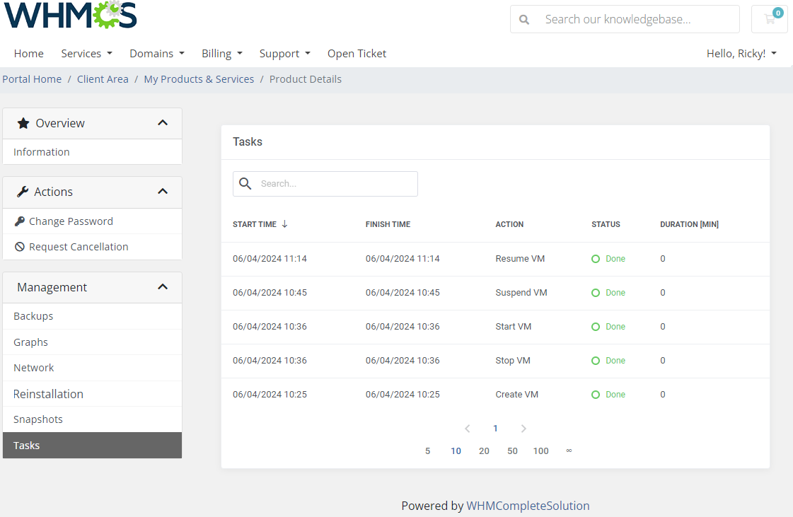 SolusVM 2 VPS And Cloud For WHMCS: client area Tasks tab with start, finish time, action, status and duration