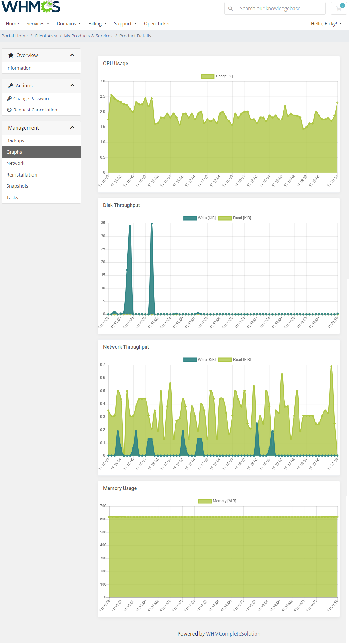SolusVM 2 VPS And Cloud For WHMCS: client area Graphs tab with CPU, disk, network and memory usage charts