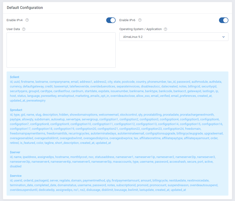 SolusVM 2 VPS And Cloud For WHMCS: Default Configuration section with IPv4 and IPv6 switches, user data and variables