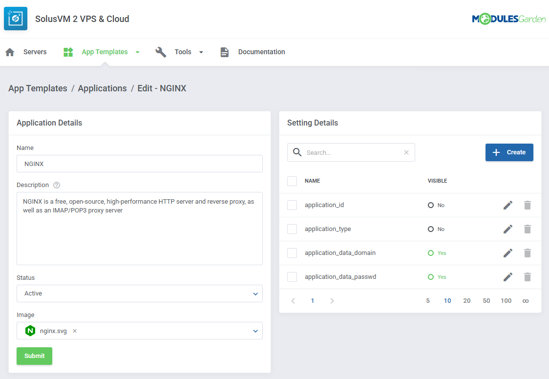 SolusVM 2 VPS And Cloud For WHMCS: addon Edit NGINX template with Application Details and Setting Details