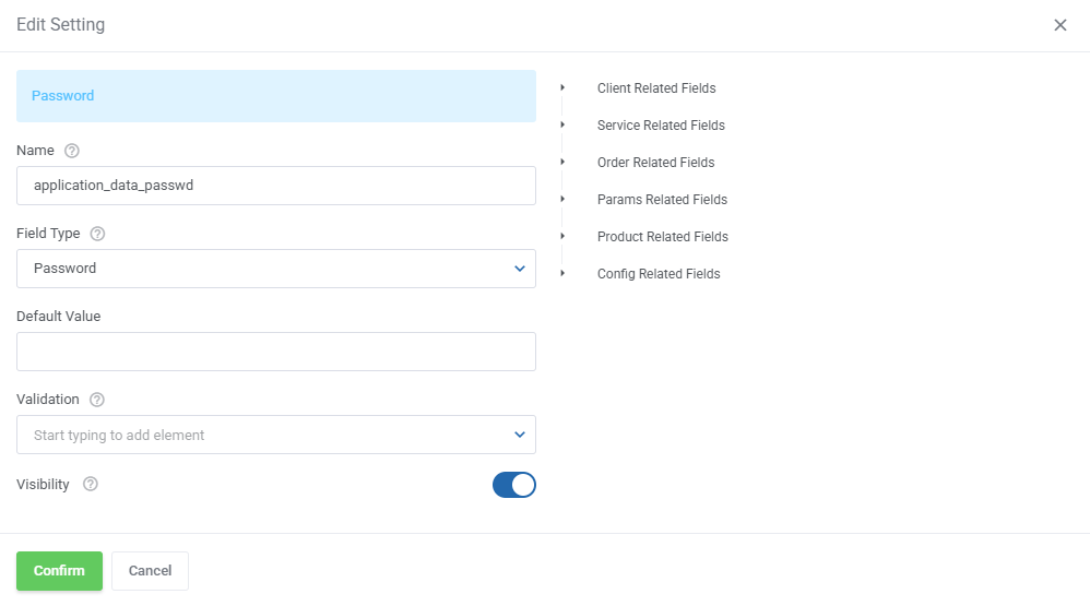 SolusVM 2 VPS And Cloud For WHMCS: Edit Setting dialog for the application_data_passwd password field