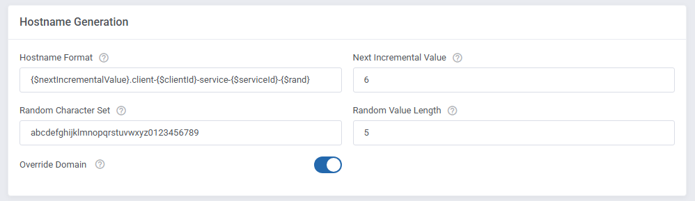SolusVM 2 VPS And Cloud For WHMCS: Hostname Generation section with hostname format, random set and Override Domain