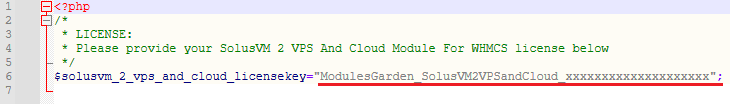 SolusVM 2 VPS And Cloud For WHMCS: license.php file opened in an editor with the license key line highlighted