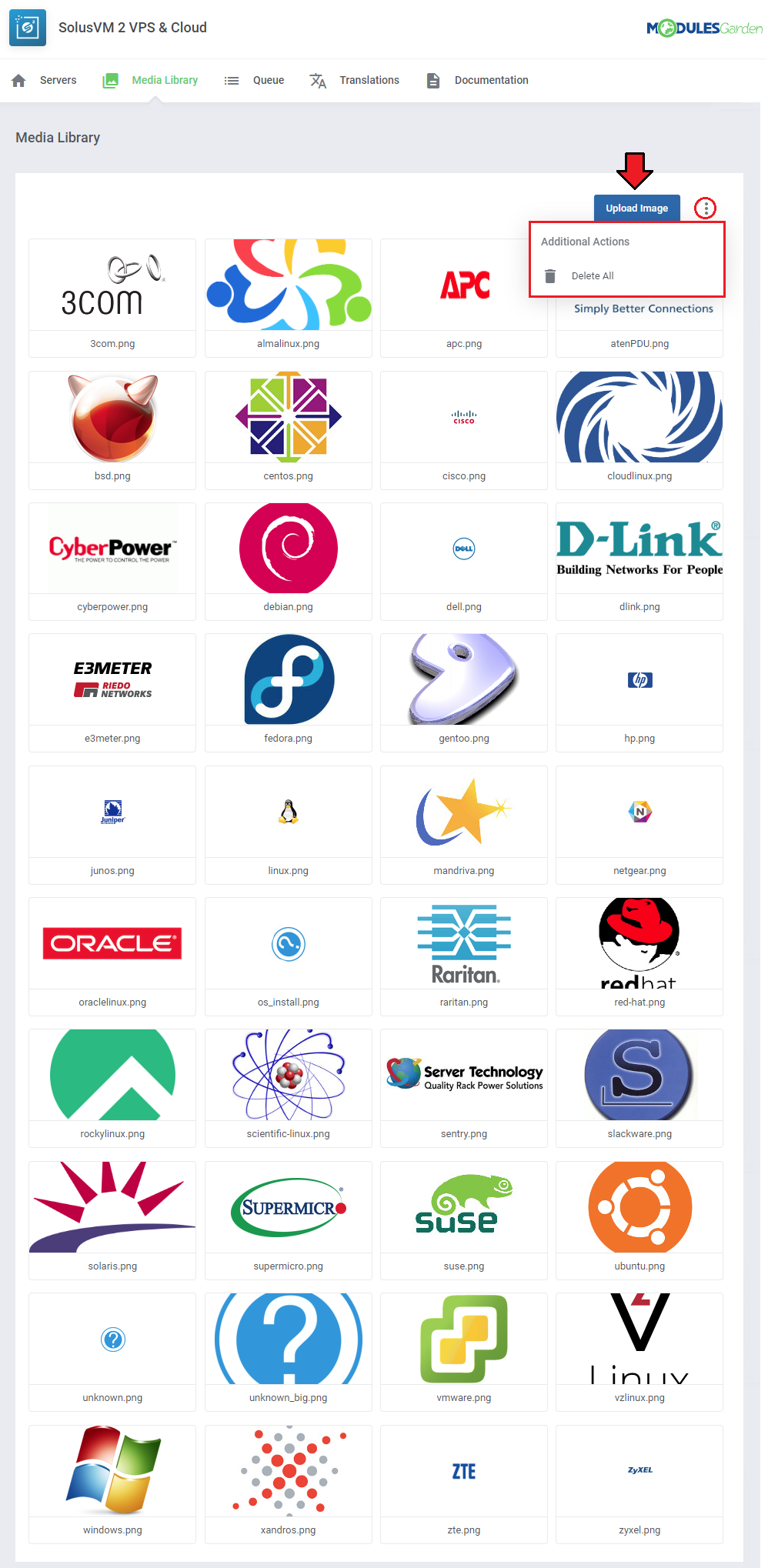 SolusVM 2 VPS And Cloud For WHMCS: addon Media Library with OS logos, Upload Image button and Delete All action