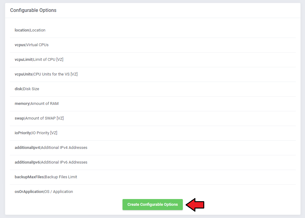 SolusVM 2 VPS And Cloud For WHMCS: product Configurable Options list with the Create Configurable Options button