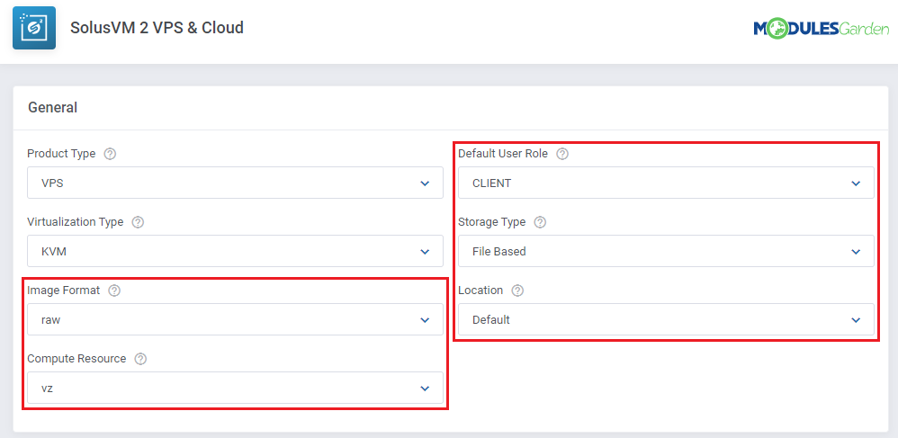 SolusVM 2 VPS And Cloud For WHMCS: General settings with user role, storage type, image format and location highlighted
