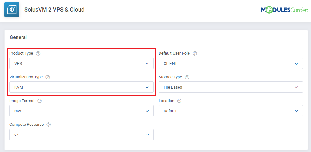 SolusVM 2 VPS And Cloud For WHMCS: module General settings with Product Type and Virtualization Type fields highlighted