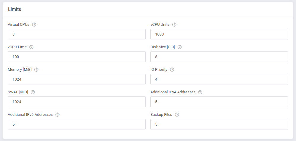 SolusVM 2 VPS And Cloud For WHMCS: Limits section with virtual CPUs, vCPU units, disk size, memory, IO priority and swap