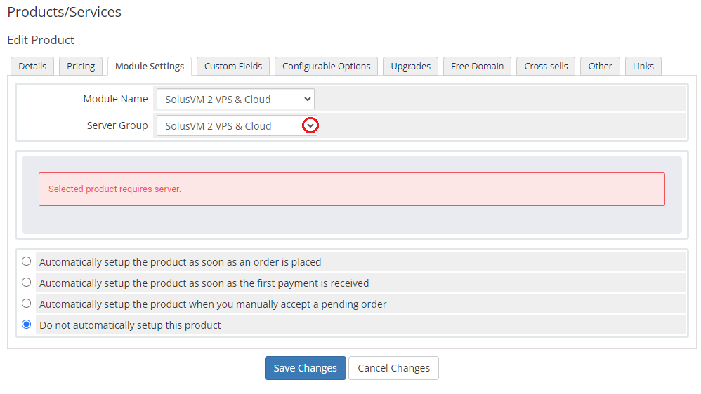 SolusVM 2 VPS And Cloud For WHMCS: WHMCS product Module Settings tab with module name and server group dropdowns