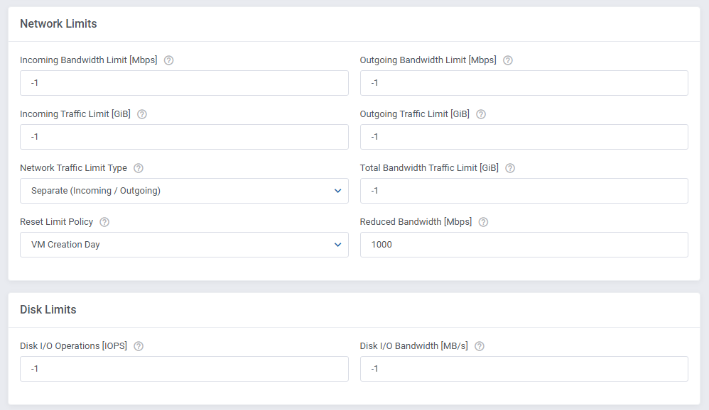 SolusVM 2 VPS And Cloud For WHMCS: Network Limits and Disk Limits sections with bandwidth, traffic, IOPS and disk fields
