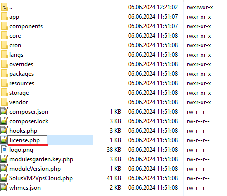 SolusVM 2 VPS And Cloud For WHMCS: module directory listing with license.php file being renamed from licenseRENAME.php