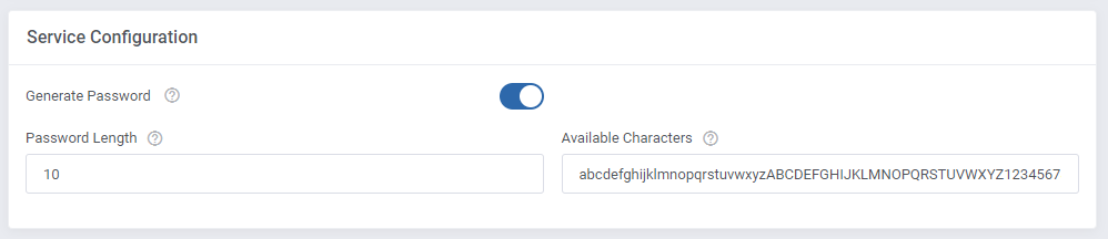 SolusVM 2 VPS And Cloud For WHMCS: Service Configuration section with Generate Password switch, length and characters