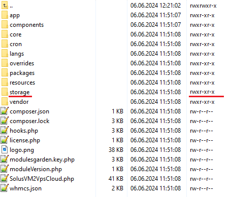 SolusVM 2 VPS And Cloud For WHMCS: module directory listing with the storage folder and its permissions highlighted