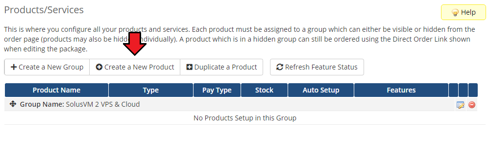 SolusVM 2 VPS And Cloud For WHMCS: WHMCS Products/Services page with the new product group and Create a New Product