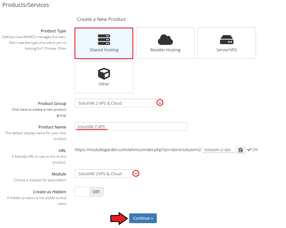 SolusVM 2 VPS And Cloud For WHMCS: WHMCS Create a New Product form with product type, group, name and module selected