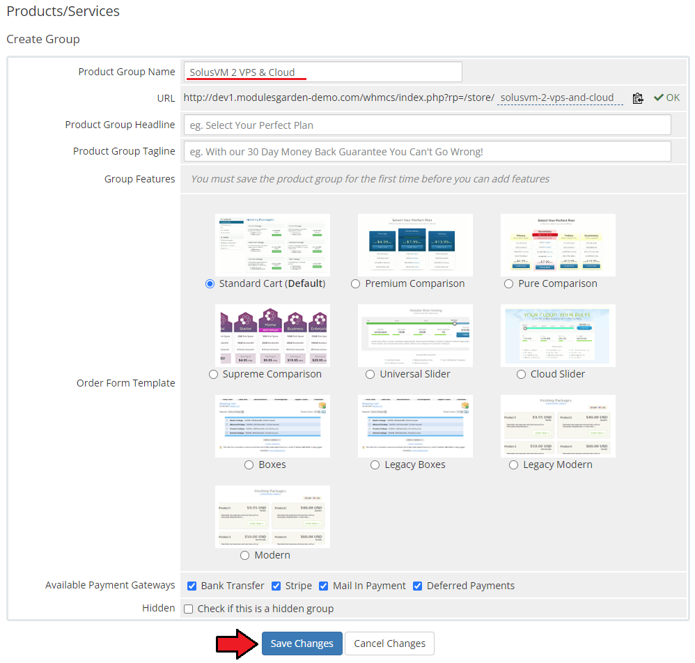 SolusVM 2 VPS And Cloud For WHMCS: WHMCS Create Group form with product group name filled in and Save Changes button