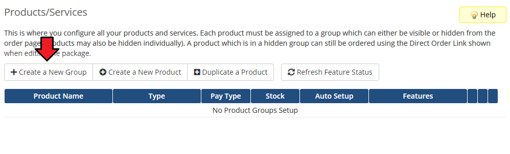SolusVM 2 VPS And Cloud For WHMCS: WHMCS Products/Services page with the Create a New Group button